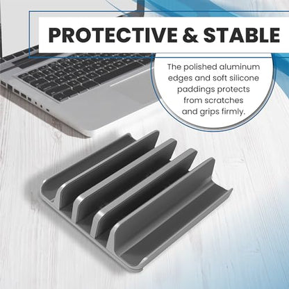 Multiple Laptop Holder Vertical – Adjustable Laptop Vertical Stand Holds 5 Devices, Fits All MacBooks Laptops Tablets and Mobiles (up to 17.3”). Closed Upright Vertical Laptop Stand for Desk - color: Grey