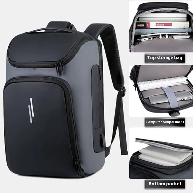 Business Laptop Backpack, Black and Gray, USB Charging Port, Multiple Storage Compartments, 47x30x14cm, Travel Computer Bag with Top Storage