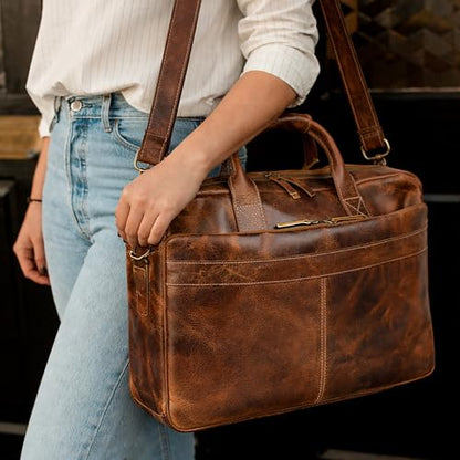 DEBKIN CONNECTED Leather Briefcase 18 inch Laptop Messenger Bag for Men and Women - Best Office Satchel Bag - Top Grain Buffalo Leather Messenger Bag for Men & Women