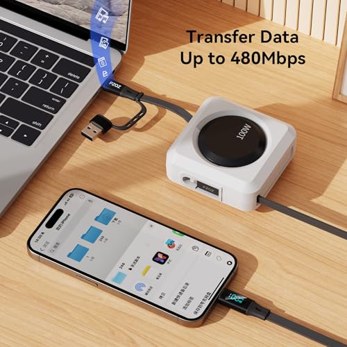 PZOZ 100W Retractable Charging Cable with LED Display, 6-in-1 USB C Fast Charger for iPhone 16/15, Samsung, iPad, MacBook, Tangle-Free Desk Organizer Cable