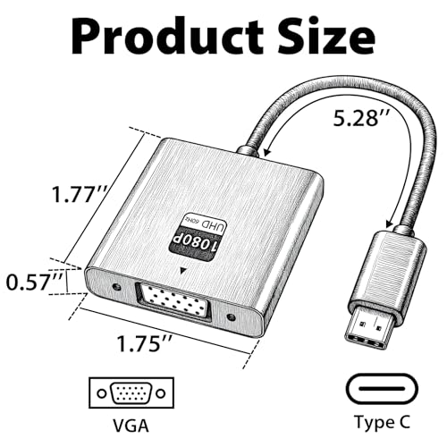 VGA to USB C Adapter, Type-C to VGA Female Video Converter Supports 1080P@60Hz, Plug & Play, Compact & Durable, Compatible with MacBook, Dell, HP, Chromebook, iPad Pro & More, No Audio