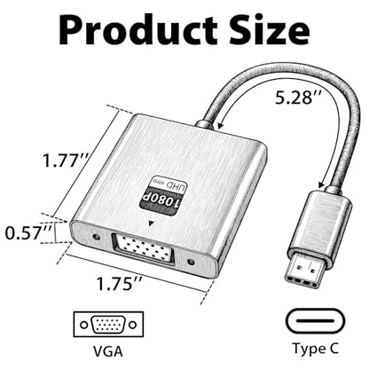 VGA to USB C Adapter, Type-C to VGA Female Video Converter Supports 1080P@60Hz, Plug & Play, Compact & Durable, Compatible with MacBook, Dell, HP, Chromebook, iPad Pro & More, No Audio