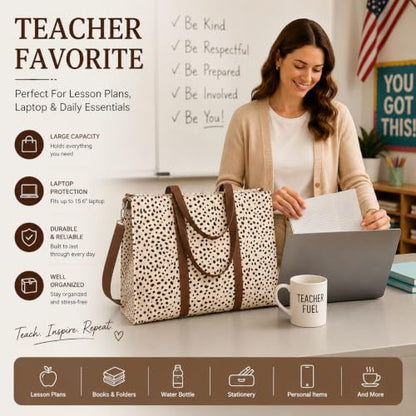 BTOOP Work Tote Bag for Women, Laptop Tote Bag With 15.6 Inch Padded Compartment, Teacher Nurse Bible Bags - color: A-leopard - Apricot