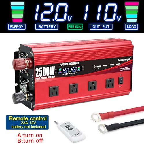 Cantonape 2500W Power Inverter 12V to 110V/120V DC to AC with LCD Display, Remote Controller 4 x AC Outlets and 4 x 3.1A USB Car Adapter for Car Truck Boat RV Solar System - size: 2500W-12V