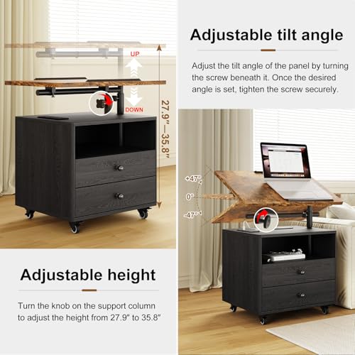 Bedroom Nightstand with Drawers & Charging Station, Adjustable Height Bedside Table with Wheels, Wooden Small Sofa Side Tables with Storage for Living Room, Black Brown - color: [A3] Black & Brown