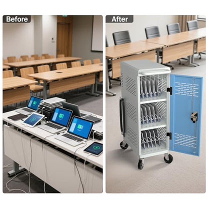 POCHAR Fully Assembled 18-Device Mobile Charging Cart for Chromebooks, Gray | Locking Laptop Cabinet with Cable Management, Cord Organization, Power Strip, Stores Tablets up to 14'' Screens
