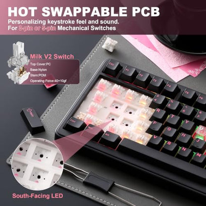 YUNZII B75 PRO Wireless Mechanical Gaming Keyboard | Custom 75% Layout with Knob,Gasket Mount,Hot Swap,Creamy Pre-lubed Switch,BT/USB-C/2.4G(Black Heart, Milk Switch) - color: Black Heart, size: Milk Switch