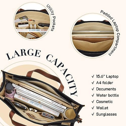 Missnine Laptop Tote Bag Canvas Laptop Bag 15.6 inch Work Shoulder Bags Casual Briefcase Handbag for Travel, Office, College (Black+Brown) - color: Black+brown