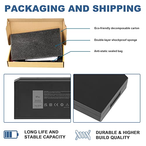 97Wh X8VWF Laptop Battery for Dell Latitude 14 Rugged 5404 5414 E5404 Extreme 7404 7414 E7404 Series P45G P45G001 P45G002 P46G P46G001 P46G002 5XT3V VCWGN XN4KN XRJDF YGV51 453-BBBE CJ2K1 4XKN5 DKNKD - size: 6.57x3.15x0.83inch X8VWF