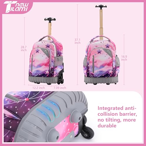 NEW TILAMI 16 Inch Rolling Backpack with Lunch Bag for Girls Boys School | 6-Wheel Stair-Climbing Girls Boys Carry-on Suitcase Water-Resistant Adjustable Trolley Handle Wheels School Travel Camping - color: Pink - Purple Galaxy