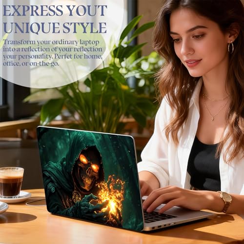 Universal Laptop Skin Sticker Decal,15.6 Inch Laptop Vinyl Cover for 13" 14" 15.6" Laptop,Scratch-Resistant Waterproof Protector Wrap,Reusable with Wrist Pads,Fireball Skull Warlock - color: Fireball Skull Warlock
