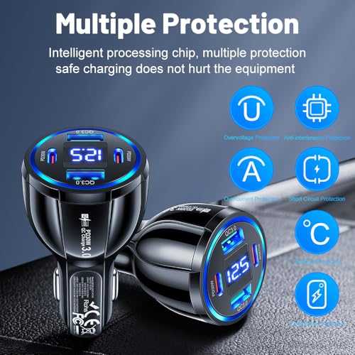 USB C Car Phone Charger Adapter with Voltmeter Compatible with iPhone 16 15 14 13 12 11, Android, Samsung, 100W 4 in 1 Multi-Port Fast Charging Cigarette Lighter USB Charger (Black) - color: Black