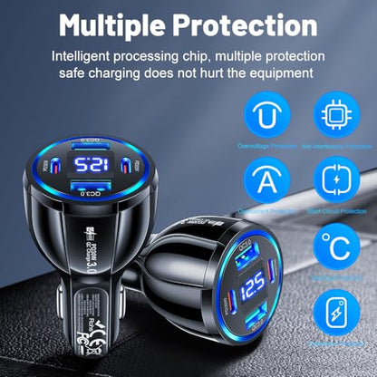 USB C Car Phone Charger Adapter with Voltmeter Compatible with iPhone 16 15 14 13 12 11, Android, Samsung, 100W 4 in 1 Multi-Port Fast Charging Cigarette Lighter USB Charger (Black) - color: Black