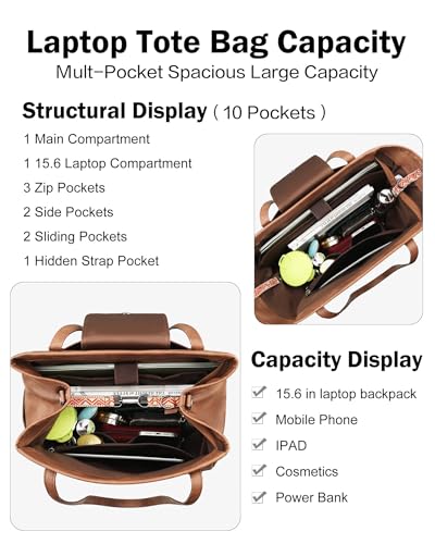 Large Laptop Tote Bag for Women Designer Leather Laptop Bag, 15.6in | Fashion Travel Backpack Purse Shoulder Handbag Fits 15.6 Laptop, Daily, Work, Business Trip, Weekend Travel, Teacher - color: 1 Brown Retro Style