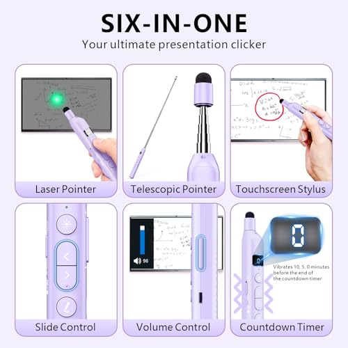 N21 Bluetooth Presentation Clicker for PowerPoint with Retractable Pointer | ①Green laser ②Telescopic touch pen ③Countdown timer, vibration alert ④Customizable Button ⑤Rechargeable;battery level display - color: Purple - Green Pointer