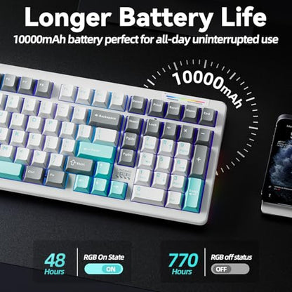 LINGBAO K98 96% Mechanical Creamy Wireless Gaming Keyboard With Number Pad | BT5.0/2.4G/USB-C, Gasket Custom Hot-Swappable Keyboard, 10000mAh Battery, RGB Backlit, Creamy Sound for Windows Mac PC Gamers - color: K98 | 10000mAh | White Blue Grey