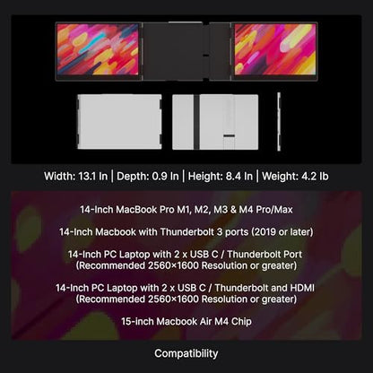 14" Pro Triple Laptop Glass Screen Extender, Dual 14" 2k Portable Monitors, 144Hz, 100% DCI-P3, 500 Nits, Aluminum Finish for 14" MacBook Pro & Windows, for Gaming, Creators, & Professional | Dual 14-inch 2K monitors, 144Hz refresh rate, 100% DCI-P3, 500-