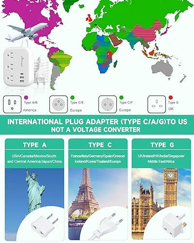 Alitayee European Travel Plug Adapter,EU/UK/US Travel Power Strip 3 USB 3FT | International Universal Travel Plug Adapter,3 Outlets,3 USB Ports,3ft Extension Cord ,EU UK Italy Spain France Germany Cruise - style: 15W-3FT-EU/UK/US Plug