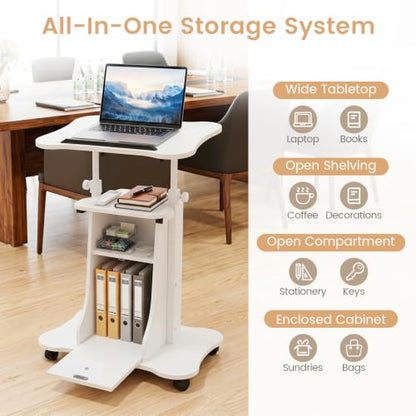 Giantex Mobile Podium Stand, Sit-to-Stand Laptop Cart with Tilting Tabletop & Storage Cabinet, Lockable Casters, Height-Adjustable Rolling Lectern for Classroom, Church, Home Office (White) - color: White
