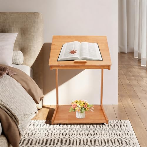 Wooden C-Shaped End Table,Couch Table with Adjustable Tilt Top,Small Rolling Side Table w/Lockable Wheels, Side Table for Couch, Bedroom
