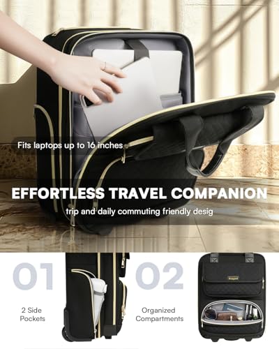 Arcoyard Underseat Carry On Luggage with Wheels, Airline Approved Personal Item Luggage, 16-Inch Multi-functional Underseat Luggage, Lightweight Overnight Suitcase for Women, Bussiness, Travel, Black - color: Black