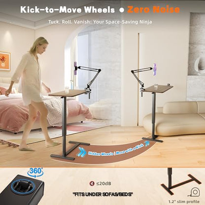 Overbed Table with Wheels, Adjustable Medical Bedside Table, Wood | Alloy steel frame, rubber wood top, cup holder & phone stand, hook, H-base, hydraulic 25.6-37.1", quiet casters, easy-clean - color: Wood Color