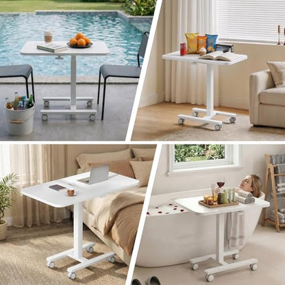 Homkdom C Shaped Table with Wheels, Side End Table with Extended Desktop, Adjustable Rolling Desk for Small Space, Dorm, Height Adjustment (29.5"-44"), White - color: White
