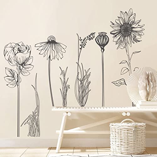 Black Simple Flower Plant Wall Decals, 2 Sheets Large Boho Floral Modern Wall Stickers Peel Stick Sketch Wildflower Wallpaper Art Decor for Bedroom Living Room Office Gifts for Mom(11.8x35.4 in/Sheet) - style: Black Simple Flower Set