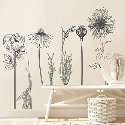 Black Simple Flower Plant Wall Decals, 2 Sheets Large Boho Floral Modern Wall Stickers Peel Stick Sketch Wildflower Wallpaper Art Decor for Bedroom Living Room Office Gifts for Mom(11.8x35.4 in/Sheet) - style: Black Simple Flower Set