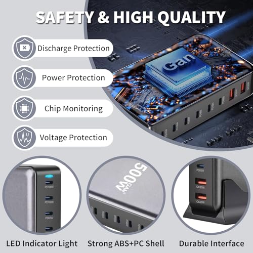 500W USB C Fast Charging Station Hub, 8 Port HUB Fast Charging Brick for Multiple Devices,PD PPS 100W Wall Charger Compatible with MacBook Pro/Air/All iPad iPhone 16/15, for HP Dell Lenovo Acer Laptop