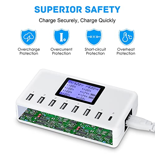 60W 12A 8-Port USB Charging Station - Multi Port USB Hub Charger with LCD Display - Compatible with iPhone, iPad, Samsung, Kindle, Tablet, Bluetooth Earbuds and More - color: white
