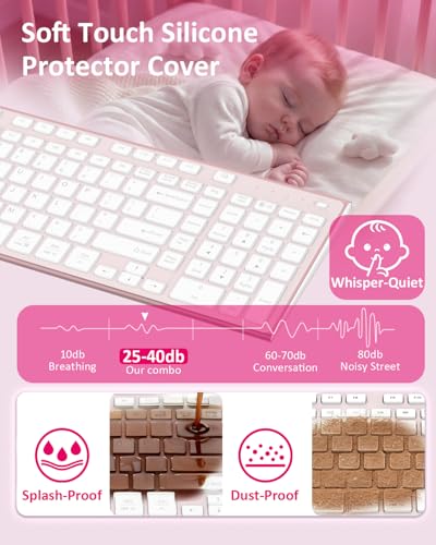 FENIFOX Wireless Silent Keyboard, Ultra Quiet USB C Low Profile Compact Full Size with Number Pad Flat Slim Thin Soft Touch for Mac Computer MacBook iMac PC Laptop Desktop Office (Pink Rose Gold) - color: Pink Rose Gold