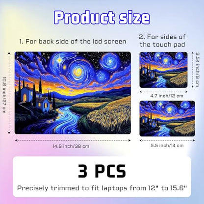 Universal Laptop Skin Sticker Decal, Compatible with MacBook HP Dell Lenovo 12"-15.6", Reusable Vinyl Notebook Cover 3PCS Set, High-Recognition Film-Starry Night Village Field - color: Starry Night Village Field