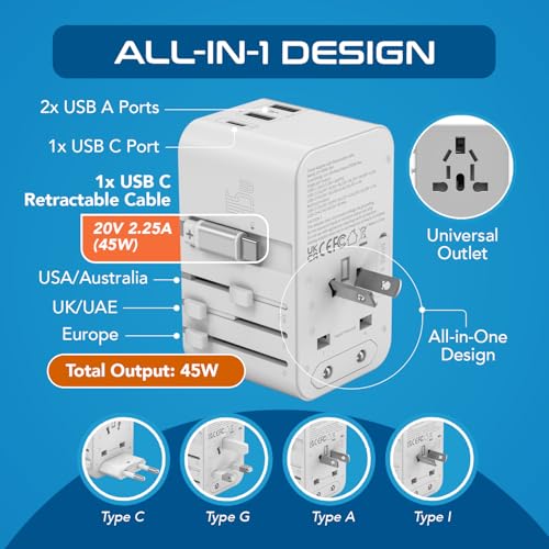 Ceptics 5 in 1 International Travel Adapter with PD 45W Retractable USB-C Cable 65cm, 2X USB-A 2.4A, 1x USB-C 3A, Travel Adapter Worldwide for Laptop, Phones and Cameras for US, EU, UK, UP-45WC-WH - color: White/Silver