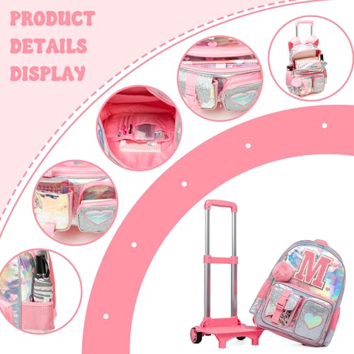 HTgroce Cute Rolling Backpack with Wheel,School Backpack for Kids Girl Roller Schoolbag Wheeled Backpacks Set Carry-on Luggage,Pink M - color: Pink, style: M
