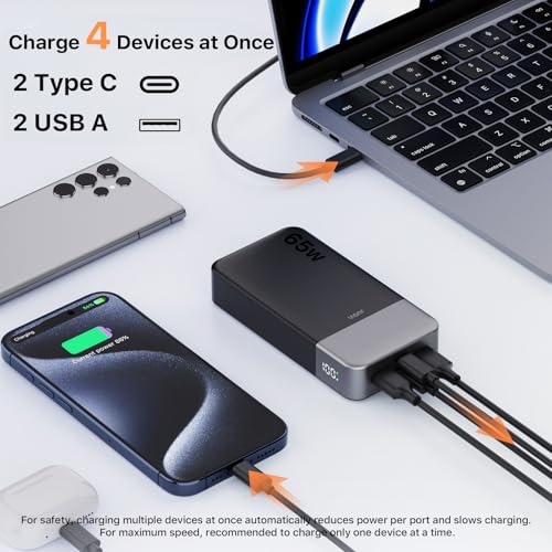 JUOVI Power Bank 65W 20000mAh Laptop Portable Charger | Fast Charging with 4 Ports LED Display External Battery Pack for MacBook Air iPad Tablet iPhone Samsung Steam Deck etc - color: Black