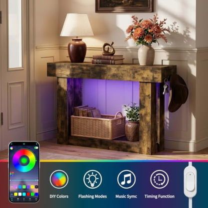 47'' Console Table with 3 Drawers and Open Storage, Entryway Table with Socket, LED Light and Hooks, Narrow Long Wood Sofa Table Behind Couch Table for Living Room, Hallway, Foyer, Brown - size: 47'' IN