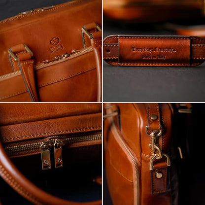 Time Resistance Leather Briefcase - Italian Handmade Leather Laptop Bag - Briefcase for Men and Women - Computer Bag - color: Cognac