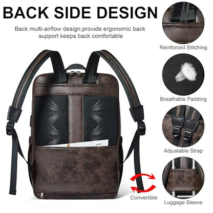 16 inch Vegan Leather Laptop Backpack with USB Charger | Smart Computer Backpack For Men and Women,Back Pocket Convert Luggage Sleeve,20L Large Capacity,Business Work Office College - color: Two-toned Coffee