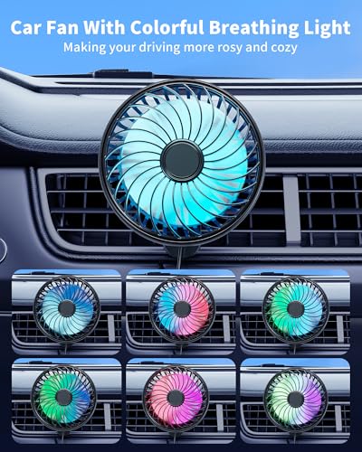 USB AC Fan for Car SUV Van Pickup Truck RV Vehicles Air Vent, Car Vent Fan to Boost Cooling Air Circulation, Colorful Lighting Car Clip On Fan 3 Speed Setting 360 Rotating Quiet Running