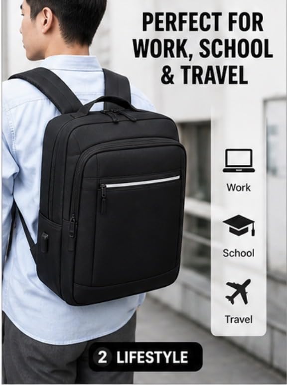 Modern Business Laptop Backpack with USB Charging Port, Black Water-Resistant Material, Front Zip Pocket, Minimalist Design