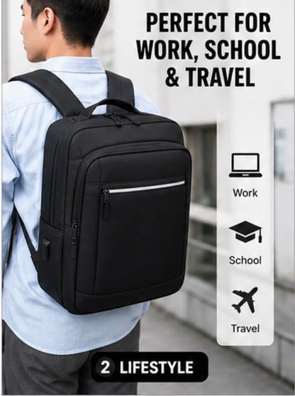 Modern Business Laptop Backpack with USB Charging Port, Black Water-Resistant Material, Front Zip Pocket, Minimalist Design