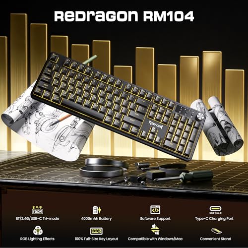 Redragon RM104 Wireless Gaming Keyboard with Knob, Tri-Mode BT/2.4G/USB-C RGB Computer Keyboards, 4000mAh Battery, Programmable Software Support, Anti-Ghosting, Compatible with PC Mac - color: Grayish Black