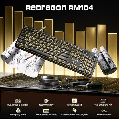 Redragon RM104 Wireless Gaming Keyboard with Knob, Tri-Mode BT/2.4G/USB-C RGB Computer Keyboards, 4000mAh Battery, Programmable Software Support, Anti-Ghosting, Compatible with PC Mac - color: Grayish Black