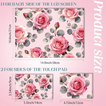 SUPERDANT 3Pcs Pink Rose Laptop Skin Sticker Universal PVC Floral Decal Wrap Scratch Proof Remains Free Notebook Cover for Office Travel Dorm Decor 14.9x10.6in - style: Pink Rose