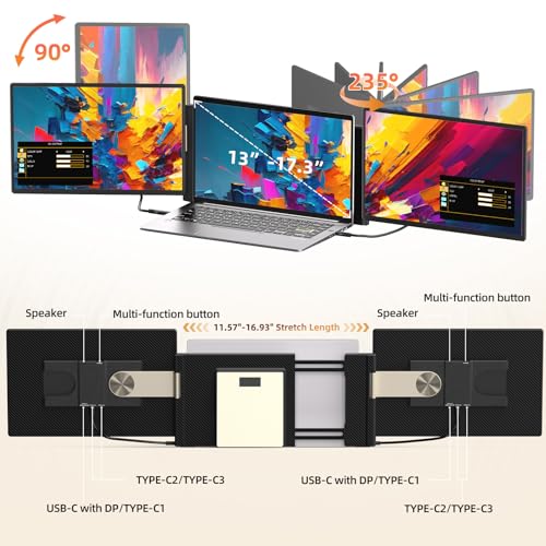 Laptop Screen Extender 2.5K Monitor - 16" Double Portable Monitor 2560x1600P QHD 100% sRGB IPS 235° Rotation Detachable Screen Design Extra Compatible with Mac Wins Dex Chrome Fits 13"-17" Laptops - size: 16" Screen Extenders