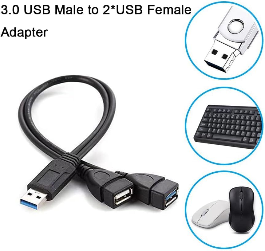 Eanetf USB 3.0 Female to Dual USB Male Splitter Cable, 2 Pack | USB 3.0 female + USB 2.0 female splitter, 2 pack, 1ft cable, For U-disk/hard drive/network card, USB 3.0 only for 3.0 devices