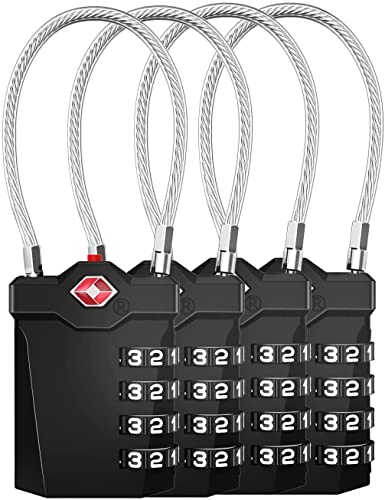 ZHEGE Travel Locks, TSA Approved Locks for Luggage (4 Pack, Black) | 4 Digit Cable Lock with Inspection Indicator for Suitcase, Backpack, Baggage, Easy to Read - color: 4p Black
