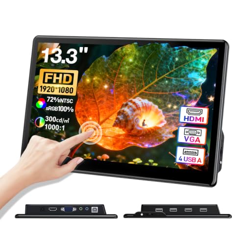 13.3" inch Portable FHD 1080P Touch Screen Monitor with HDMI VGA Port, Touchscreen Display Support VESA Mount, Small IPS Home Industrial Monitor for PC Laptop - size: 13.3 inch