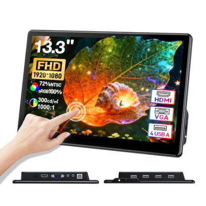 13.3" inch Portable FHD 1080P Touch Screen Monitor with HDMI VGA Port, Touchscreen Display Support VESA Mount, Small IPS Home Industrial Monitor for PC Laptop - size: 13.3 inch